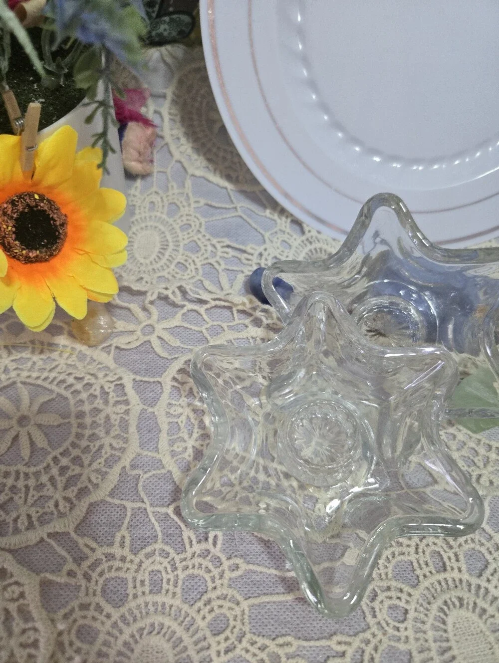 4/$15 Vintage Clear Glass Star Candle Holders Pair Heavy Glass Ring Dish Boho